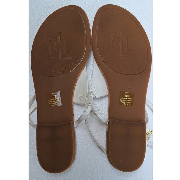 Lauren Ralph Lauren Anita Cork and Leather Flat Sandals White Size 10 Gold Logo - Picture 8 of 10